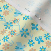 Tiny Butterflies and Blooms in Sky Blue Turquoise and Peach on Pale Yellow