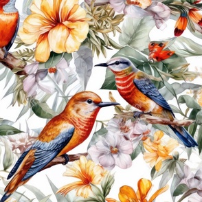 Red & blue birds with blooming orange & white flowers