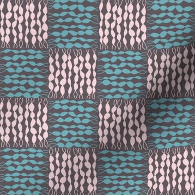 016 - Medium/small scale  soft baby pink, fresh turquoise and gray Twisted checkerboard funky modern design for classic home decor, pillows, wallpaper, table linen and also suitable for kids apparel, minky projects, pet accessories, bag making, crafting a