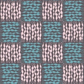016 - Medium/small scale  soft baby pink, fresh turquoise and gray Twisted checkerboard funky modern design for classic home decor, pillows, wallpaper, table linen and also suitable for kids apparel, minky projects, pet accessories, bag making, crafting a