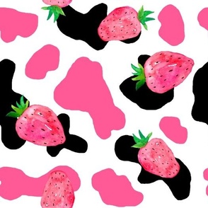 Pink Strawberry on Black Cow Print