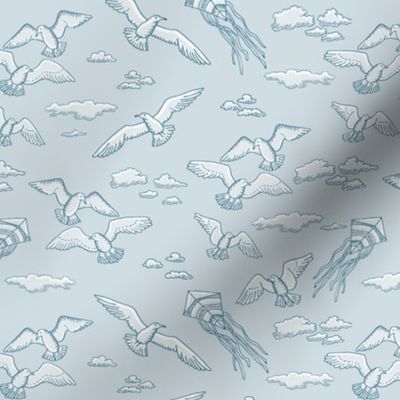 beach with kites, shells and birds on light blue | small