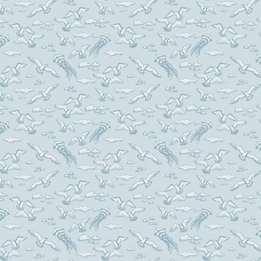 beach with kites, shells and birds on light blue | small