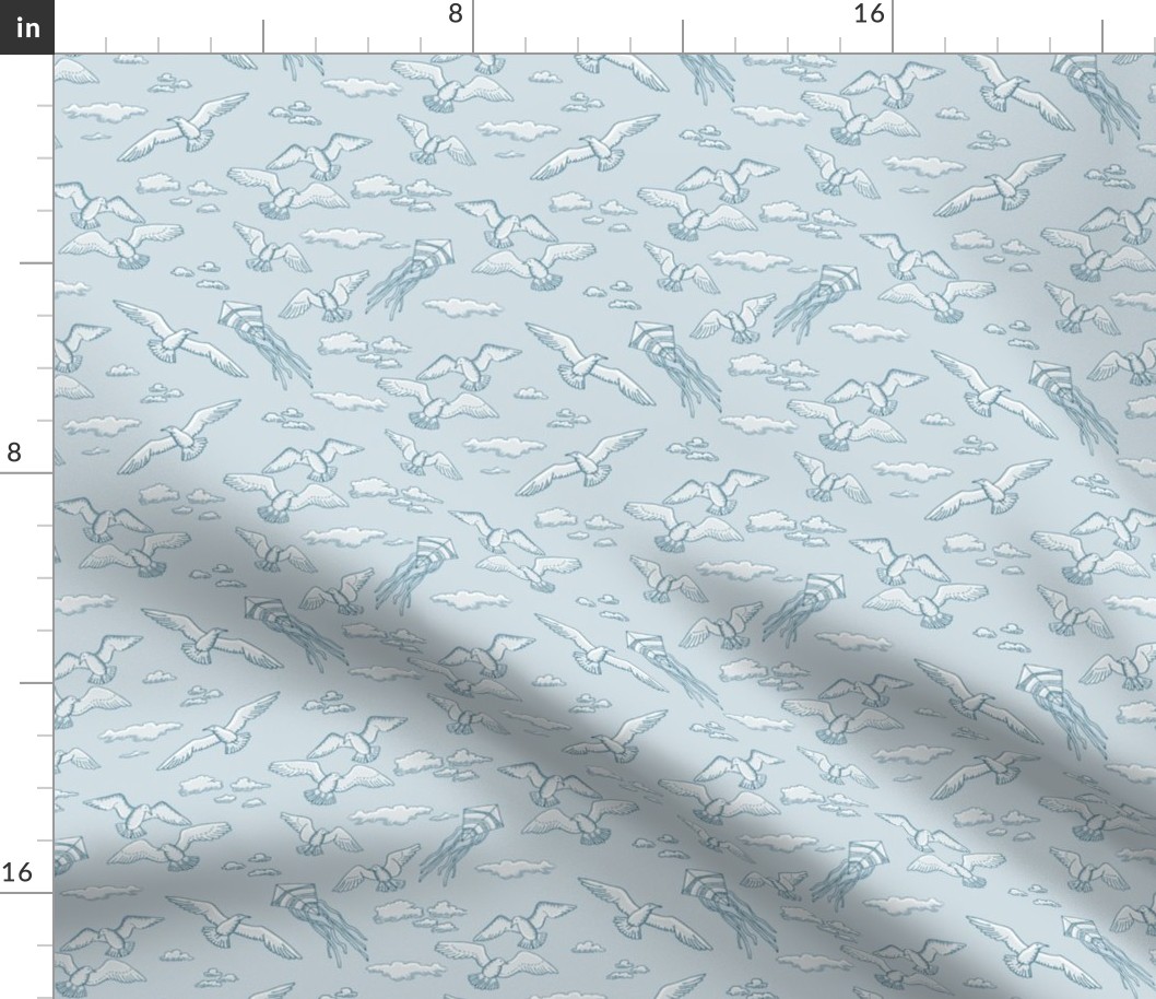 beach with kites, shells and birds on light blue | small