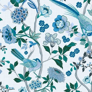 Chinoiserie Chintz blues, linen texture wallpaper - Pantone challenge