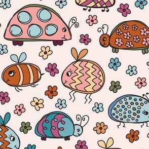 Medium small scale Doodle bugs in a meadow of pretty colorful hand drawn flowers in multi colors, happy bugs with wings, non-scary for kids decor, nursery pillows and curtains, kids sheets and duvet covers.