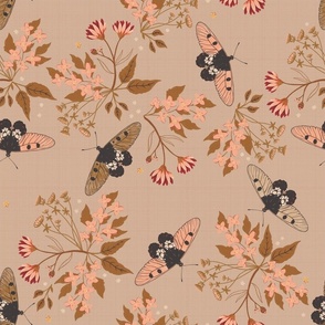 Floral Butterflies on Fawn - Large (18" repeat) 