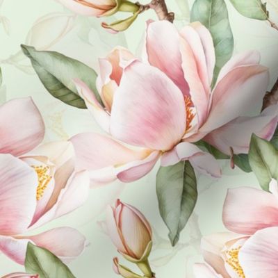14" vintage soft pink tropical antique magnolia flowers, exotic blossoms, green leaves, light green double layer