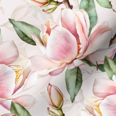 14" vintage soft pink tropical antique magnolia flowers, exotic blossoms, green leaves, light powder pink double layer