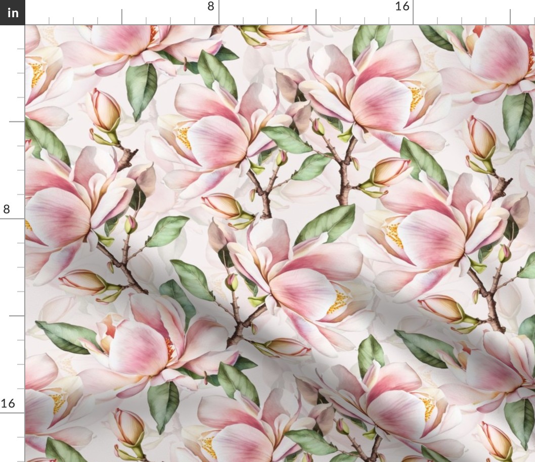 14" vintage soft pink tropical antique magnolia flowers, exotic blossoms, green leaves, light powder pink double layer