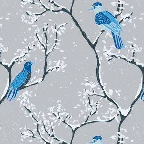Blue romantic birds in a tree off-white leaves or flowers on a light blue background - medium scale