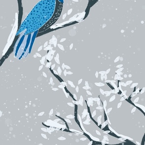 romantic birds in a tree ,  leaves on a light blue background ith falling snow - large scale