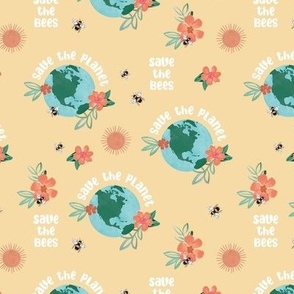 Earth day - world save the planet save the bees illustrated flowers globe bee and sunshine design watercolors on soft yellow