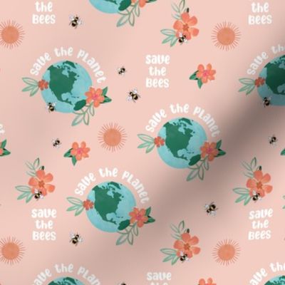 Earth day - world save the planet save the bees illustrated flowers globe bee and sunshine design watercolors on blush pink