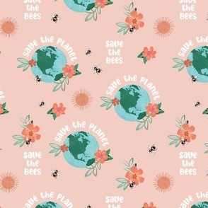 Earth day - world save the planet save the bees illustrated flowers globe bee and sunshine design watercolors on blush pink