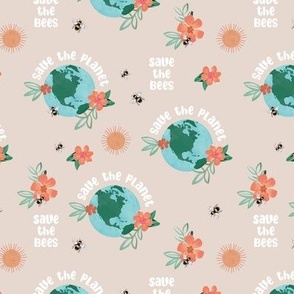 Earth day - world save the planet save the bees illustrated flowers globe bee and sunshine design watercolors on warm gray