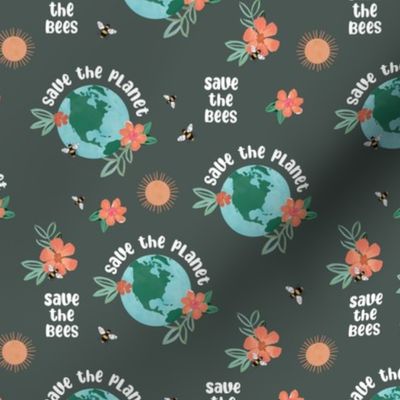 Earth day - world save the planet save the bees illustrated flowers globe bee and sunshine design watercolors on slate gray
