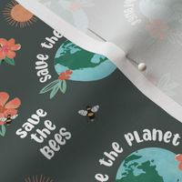 Earth day - world save the planet save the bees illustrated flowers globe bee and sunshine design watercolors on slate gray