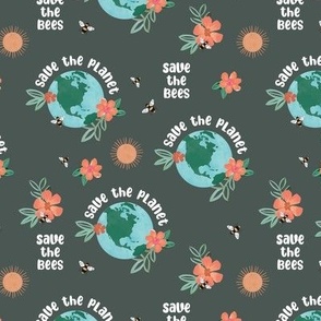 Earth day - world save the planet save the bees illustrated flowers globe bee and sunshine design watercolors on slate gray