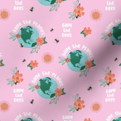 Earth day - world save the planet save the bees illustrated flowers globe bee and sunshine design watercolors on bright pink girls