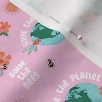 Earth day - world save the planet save the bees illustrated flowers globe bee and sunshine design watercolors on bright pink girls