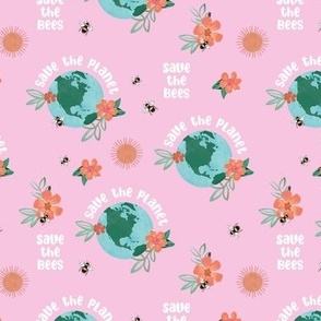 Earth day - world save the planet save the bees illustrated flowers globe bee and sunshine design watercolors on bright pink girls