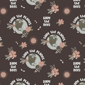 Earth day - world save the planet save the bees illustrated flowers globe bee and sunshine design watercolors on vintage seventies brown beige palette