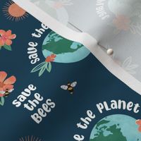 Earth day - world save the planet save the bees illustrated flowers globe bee and sunshine design watercolors on navy blue