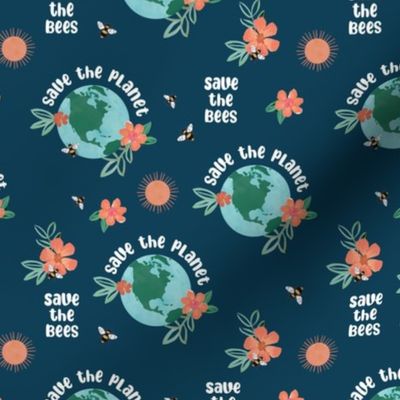 Earth day - world save the planet save the bees illustrated flowers globe bee and sunshine design watercolors on navy blue