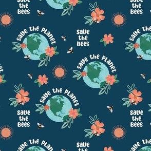 Earth day - world save the planet save the bees illustrated flowers globe bee and sunshine design watercolors on navy blue
