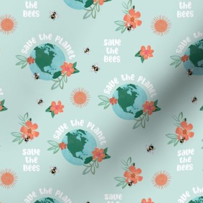 Earth day - world save the planet save the bees illustrated flowers globe bee and sunshine design watercolors on mist blue