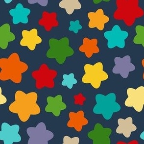 Medium Scale Party Stars Birthday Coordinate in Neutral Gender Free Rainbow Colors on Navy
