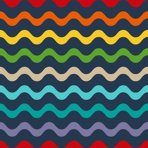 Large Scale Wavy Party Stripes Birthday Celebration Coordinate in Gender Free Rainbow Colors on Navy