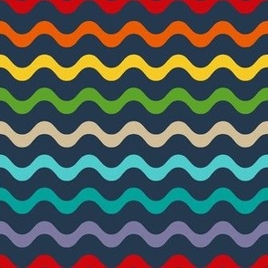 Medium Scale Wavy Party Stripes Birthday Celebration Coordinate in Gender Free Rainbow Colors on Navy