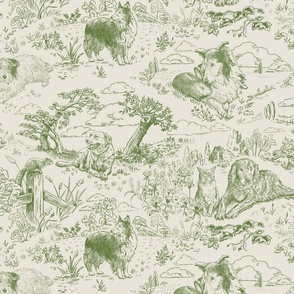 Country Dogs Toile Olive on Greige