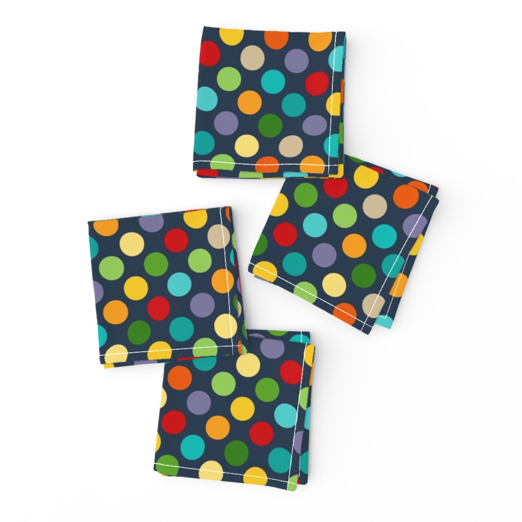 Large Scale Party Polkadots Birthday Celebration Coordinate in Gender Free Rainbow Colors on Navy