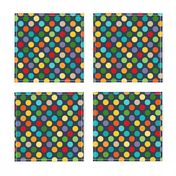 Large Scale Party Polkadots Birthday Celebration Coordinate in Gender Free Rainbow Colors on Navy