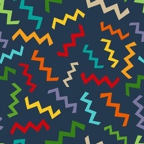 Medium Scale Party Time ZigZag Confetti Birthday Celebration Coordinate in Gender Free Rainbow Colors on Navy