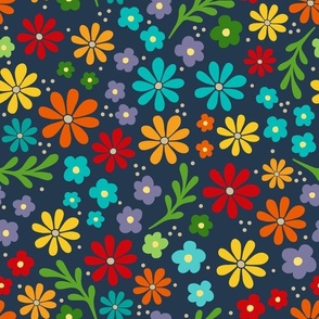 Large Scale Party Time Birthday Celebration Floral Coordinate in Gender Free Rainbow Colors on Navy