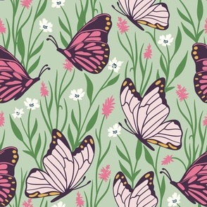 Pink Butterflies with Flowers on Pastel Green 
