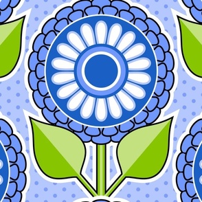 Dollhouse Flowers and Polka Dot Background // Cobalt Blue, Cornflower Blue, Black, White // Large Scale - 150 DPI