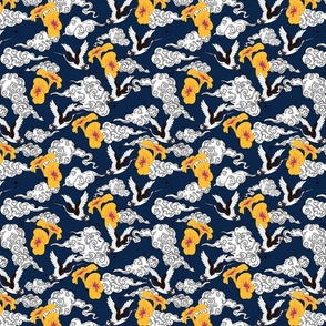 Japanese Clouds and Cranes No.1 Navy Blue - Small Version