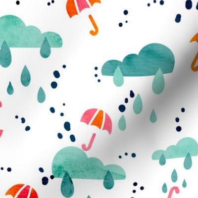 Retrolicious April Showers- Clouds Rain Umbrella- Abstract Spring- Mod Shapes- Colorful- Bright- Watercolor- Regular Scale