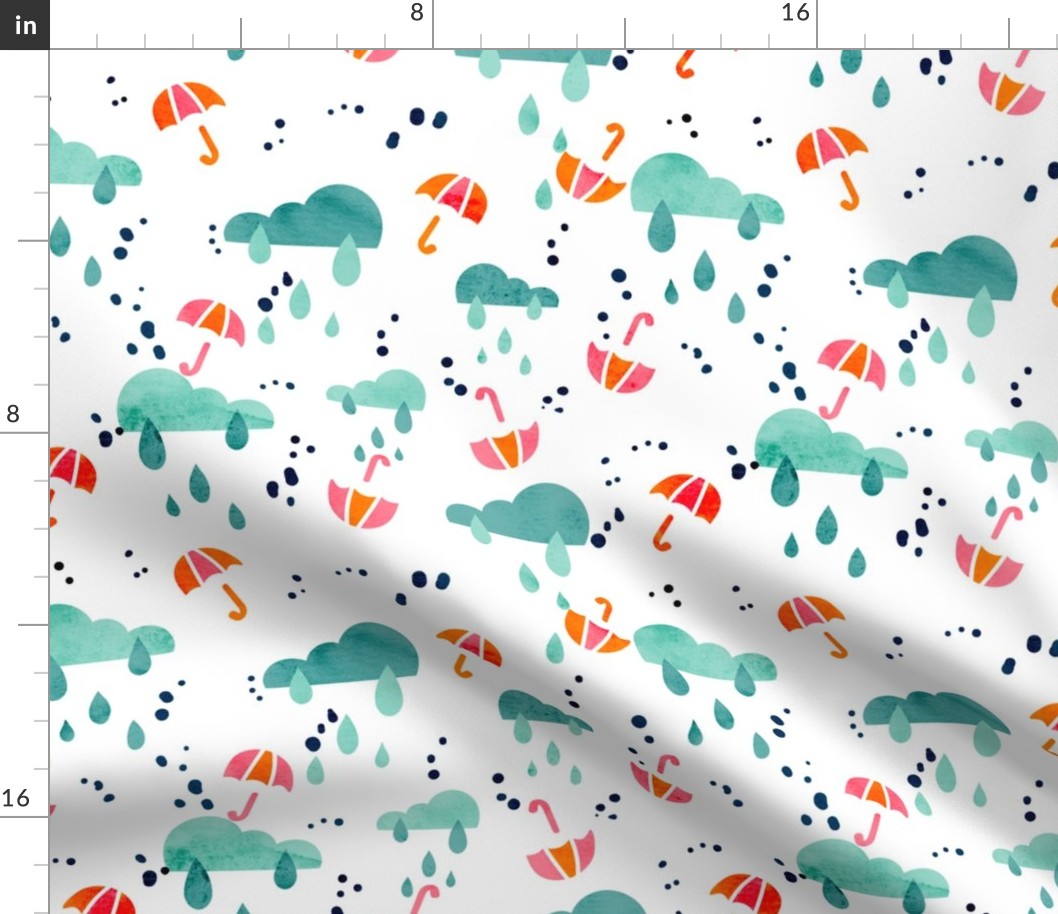 Retrolicious April Showers- Clouds Rain Umbrella- Abstract Spring- Mod Shapes- Colorful- Bright- Watercolor- Regular Scale