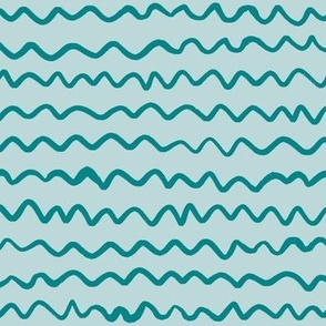 Hand Drawn Doodle Squiggly Stripes, Verdigris on Pastel Aqua (Medium Scale)