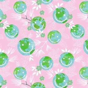 Earth day smiley garden - leaves and globe design with flowers green blue on pink 