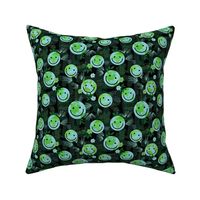 Earth day smiley garden - leaves and globe design with flowers green blue on black