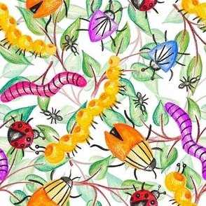 Doodle Bugs Pattern - Kids Pattern - Novelty Pattern - Leaves - Nature - Green - Spring Summer - Color Pencil - Hand Drawn Pattern - Watercolor