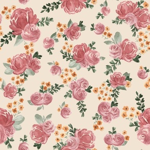 Jumbo - Charlotte Florals - Cute Whimsy Watercolours Florals. Roses, Daisies, Leaves - Cream