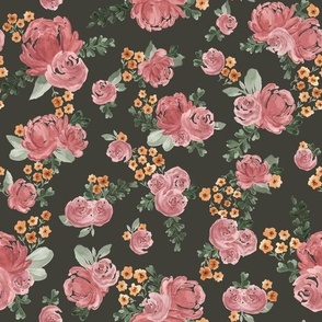 Medium - Charlotte Florals - Cute Whimsy Watercolours Florals. Roses, Daisies, Leaves - Black Green